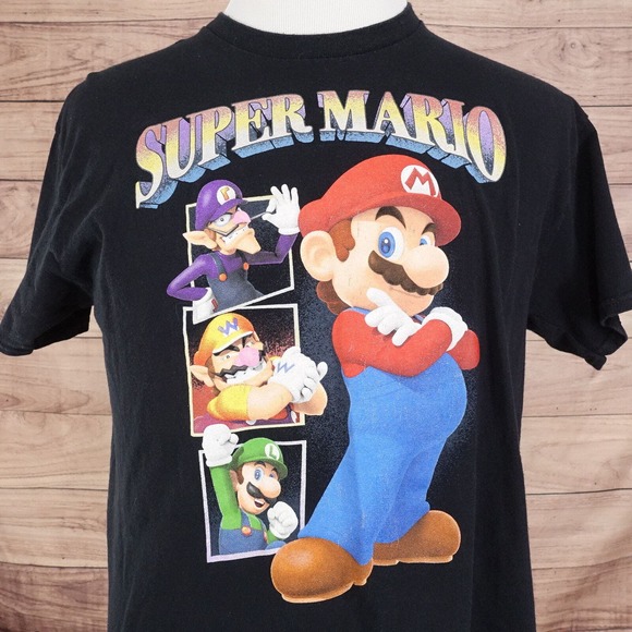 SUPER MARIO BROS LUIGI WARIO BLACK VIDEO GAME T-SHIRT SIZE L LARGE - Picture 1 of 6